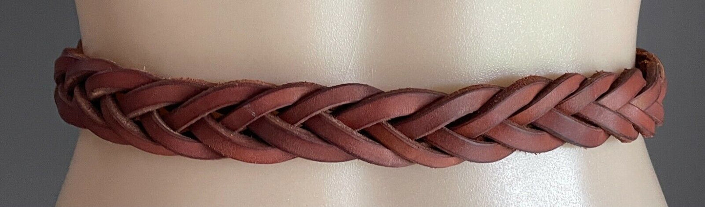 LEATHER Belt Plaited 3.5cm TANNED Braided HORSESHOE BRASS Buckle Waist 96 106cm