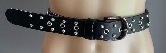 Ladies Belt Pleather 4cm Silver Stud Trim Wide To Fit Waist 68 - 88cm