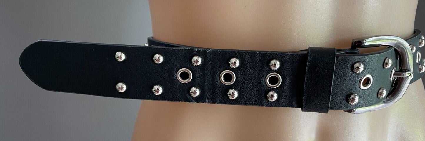 Ladies Belt Pleather 4cm Silver Stud Trim Wide To Fit Waist 68 - 88cm