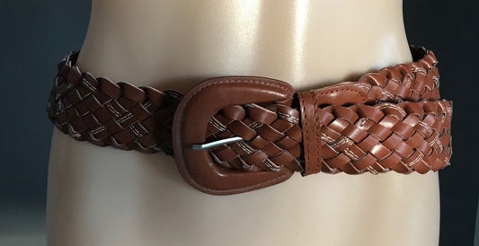 Ladies Belt Pleather 5cm WOVEN TAN White Stitch Trim Size 10 14 BOHO