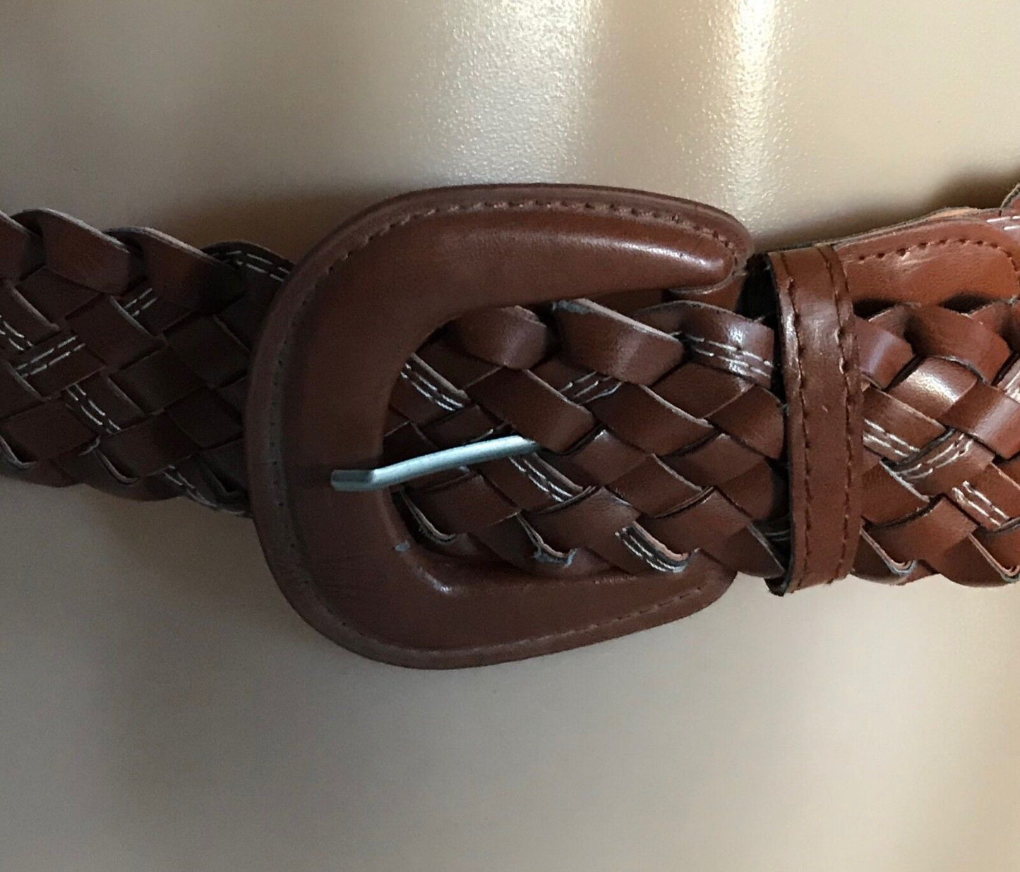 Ladies Belt Pleather 5cm WOVEN TAN White Stitch Trim Size 10 14 BOHO