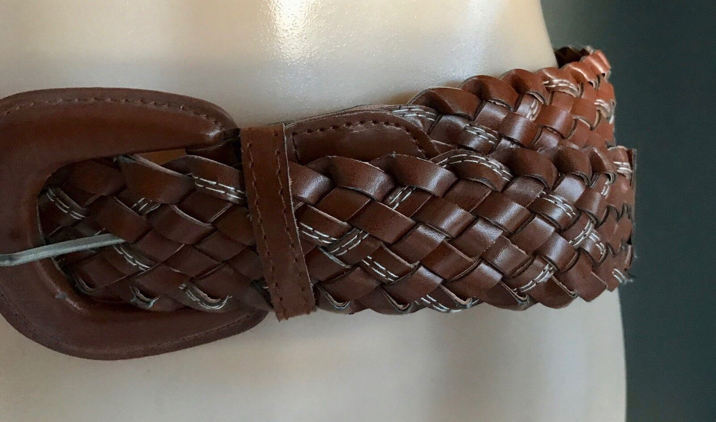 Ladies Belt Pleather 5cm WOVEN TAN White Stitch Trim Size 10 14 BOHO