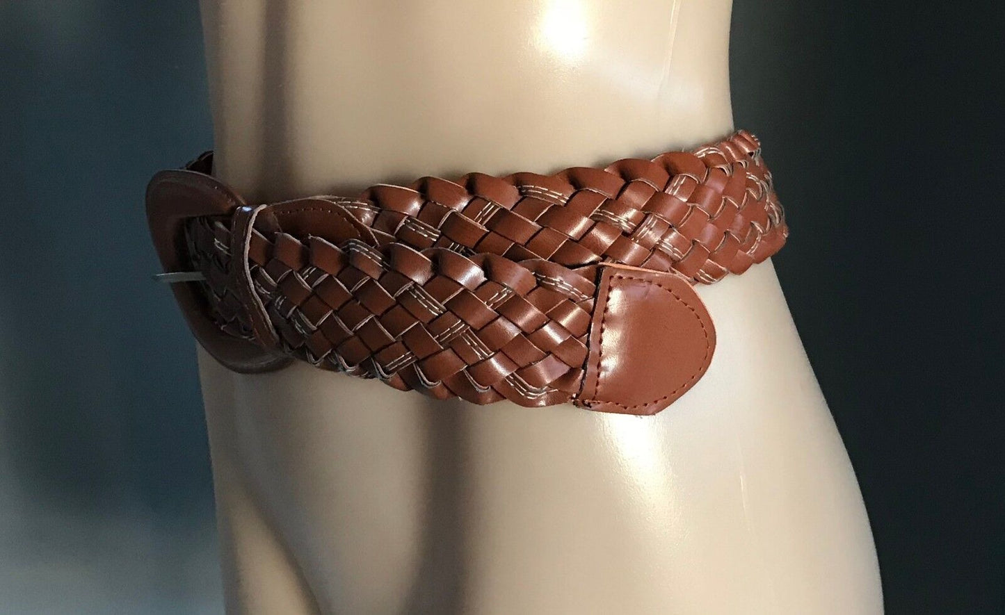 Ladies Belt Pleather 5cm WOVEN TAN White Stitch Trim Size 10 14 BOHO