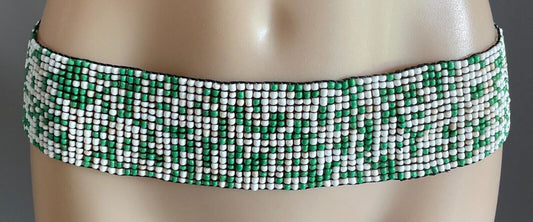 Ladies Belt Elastic BOHO Green White Glass Bead Slides On & Off Sz 12 - 14