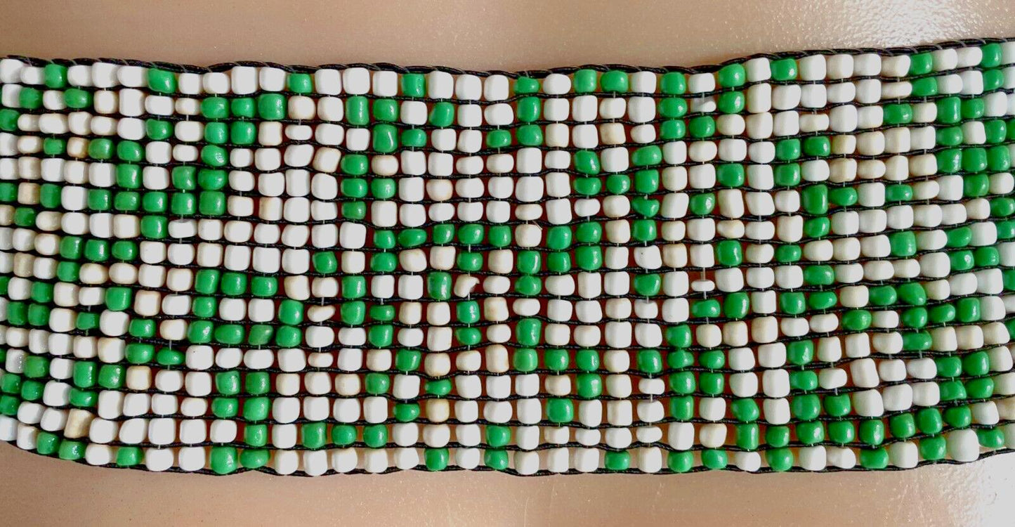 Ladies Belt Elastic BOHO Green White Glass Bead Slides On & Off Sz 12 - 14