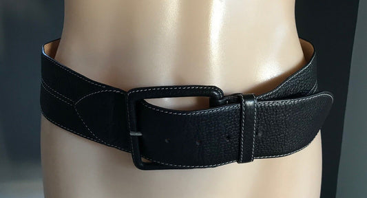 Ladies LEATHER Belt 5.5cm Wide Back & Tan Grain White Stitch Trim M 10 12