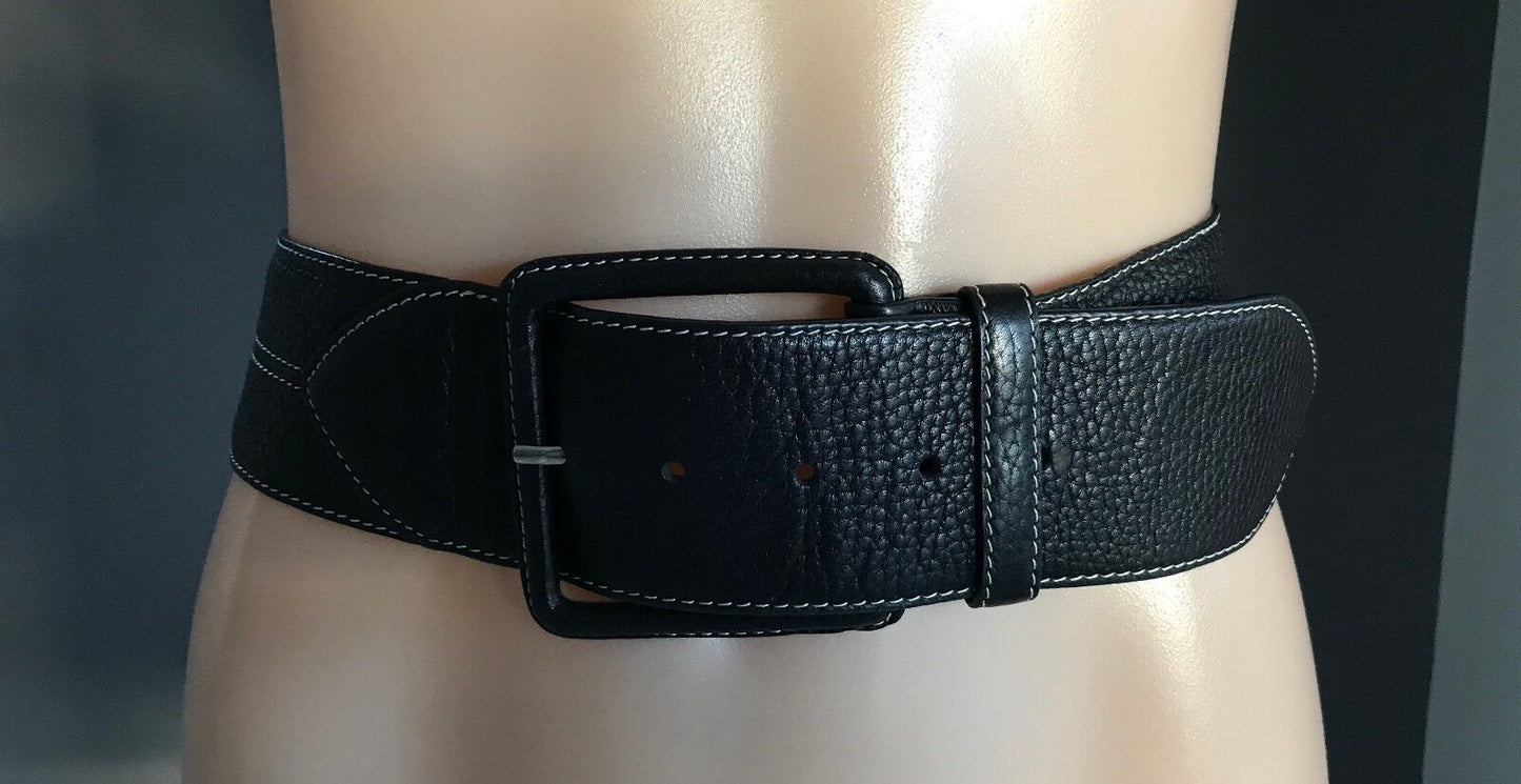 Ladies LEATHER Belt 5.5cm Wide Back & Tan Grain White Stitch Trim M 10 12