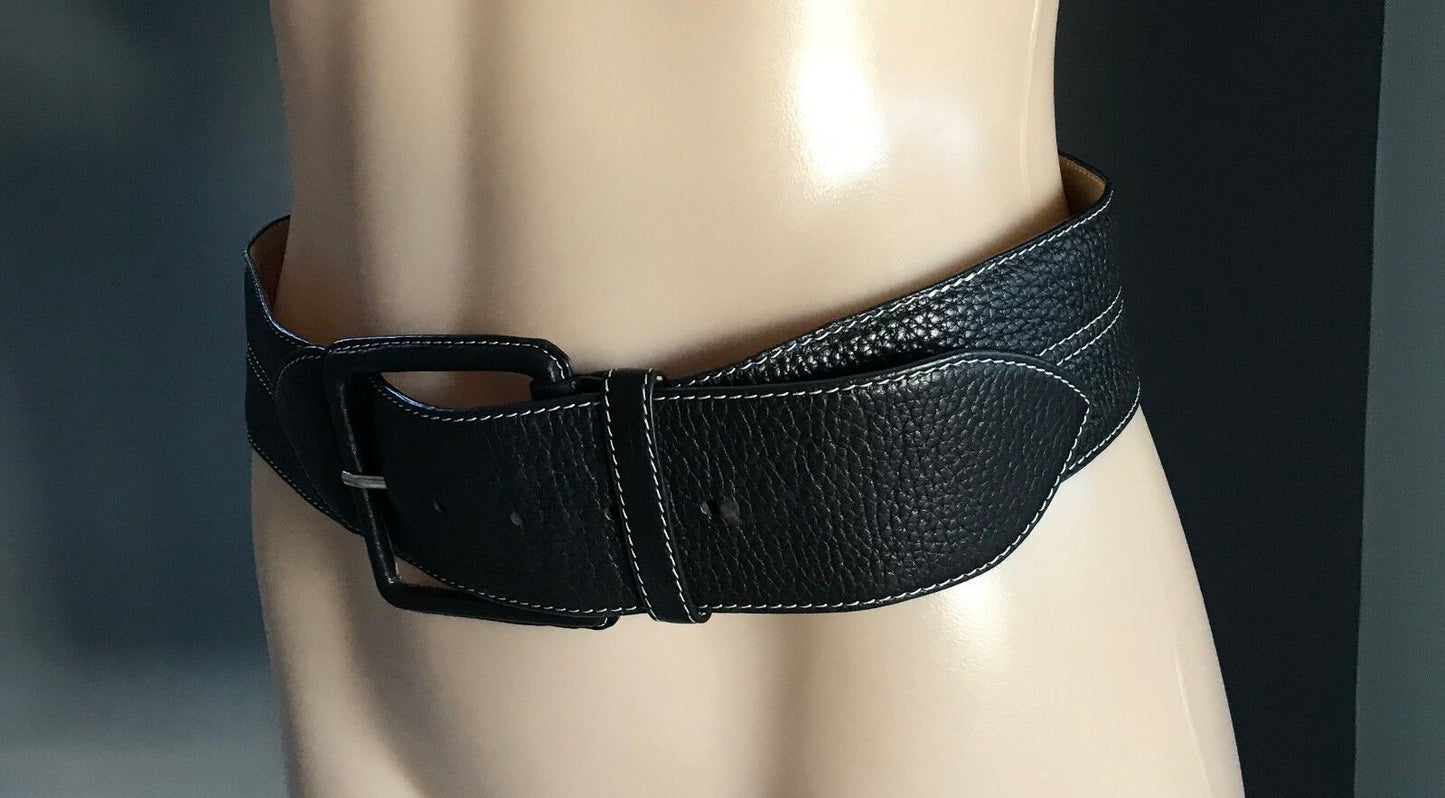 Ladies LEATHER Belt 5.5cm Wide Back & Tan Grain White Stitch Trim M 10 12