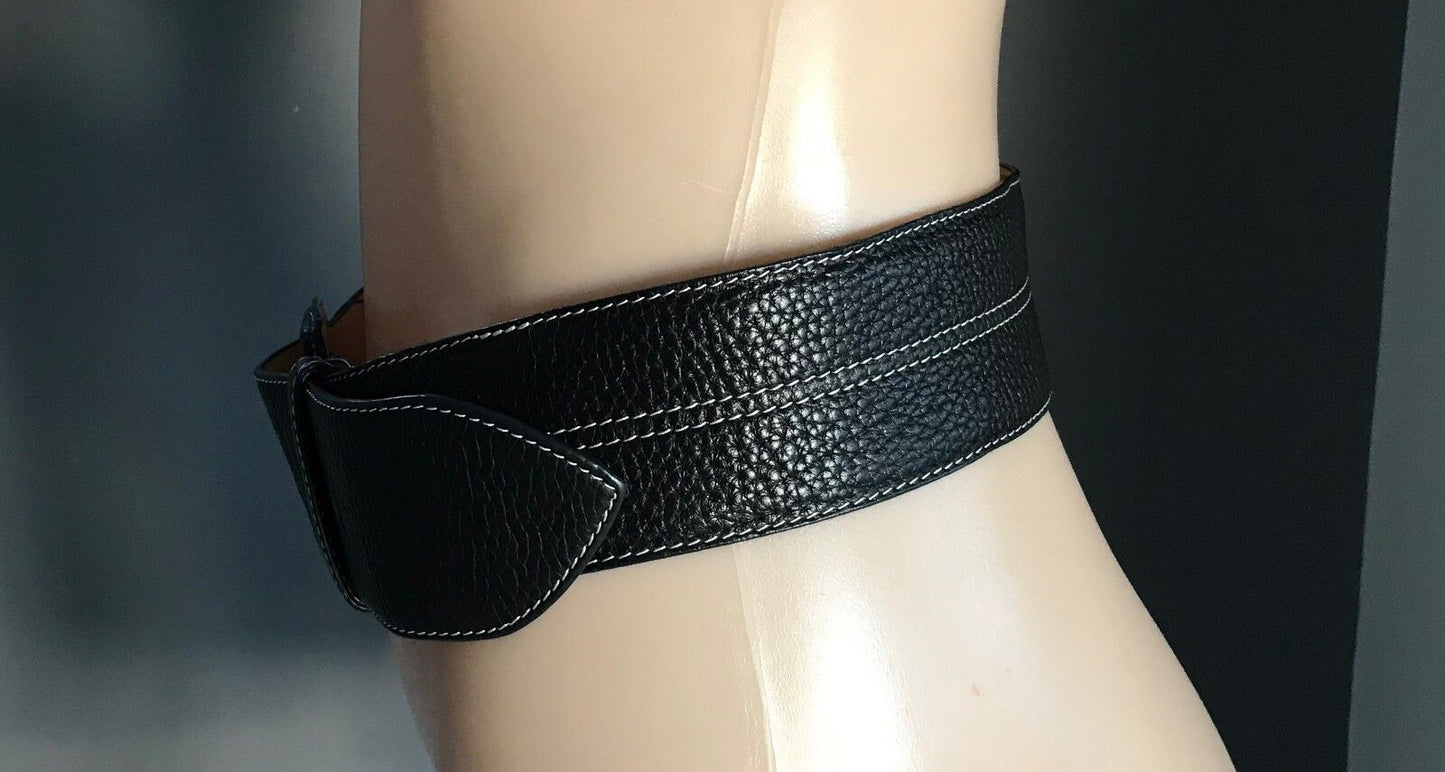 Ladies LEATHER Belt 5.5cm Wide Back & Tan Grain White Stitch Trim M 10 12