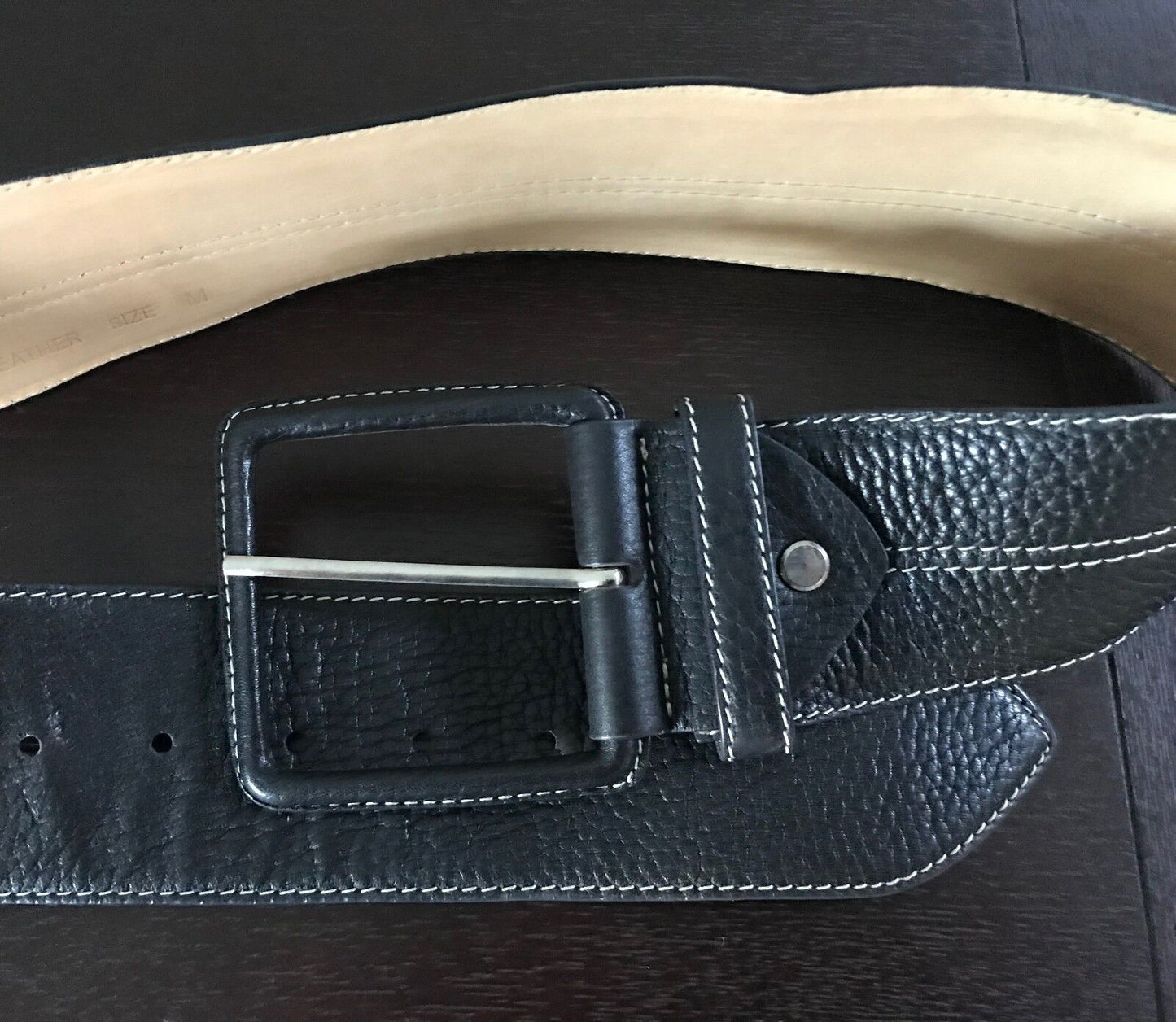 Ladies LEATHER Belt 5.5cm Wide Back & Tan Grain White Stitch Trim M 10 12