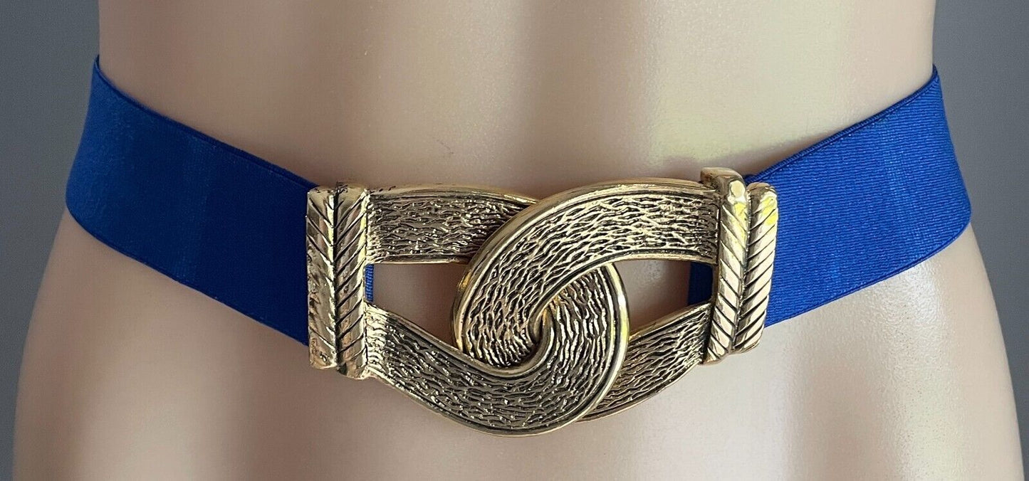 Ladies Belt Blue Gold Metal Interlock Buckles Adjustable to 105cm Waist Retro