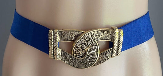 Ladies Belt Blue Gold Metal Interlock Buckles Adjustable to 105cm Waist Retro