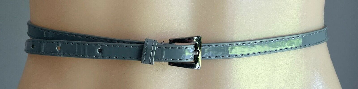 Ladies Belt Pleather 1cm Grey Patent Grey Fit Waist 67.5 - 79.5cm Thin Skinny