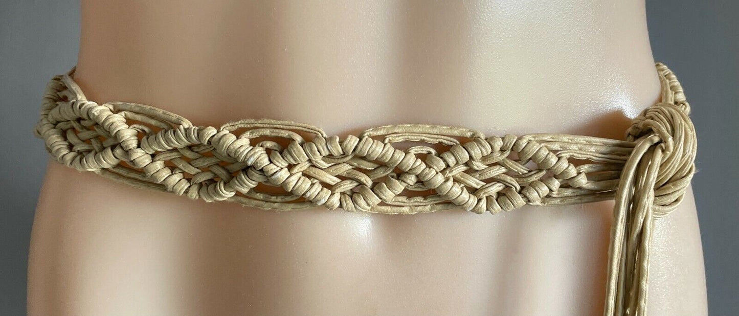 BOHO Woven Belt Wood Bead Pleather Beige Knot Tie Size 8 14 Plaited Macrame