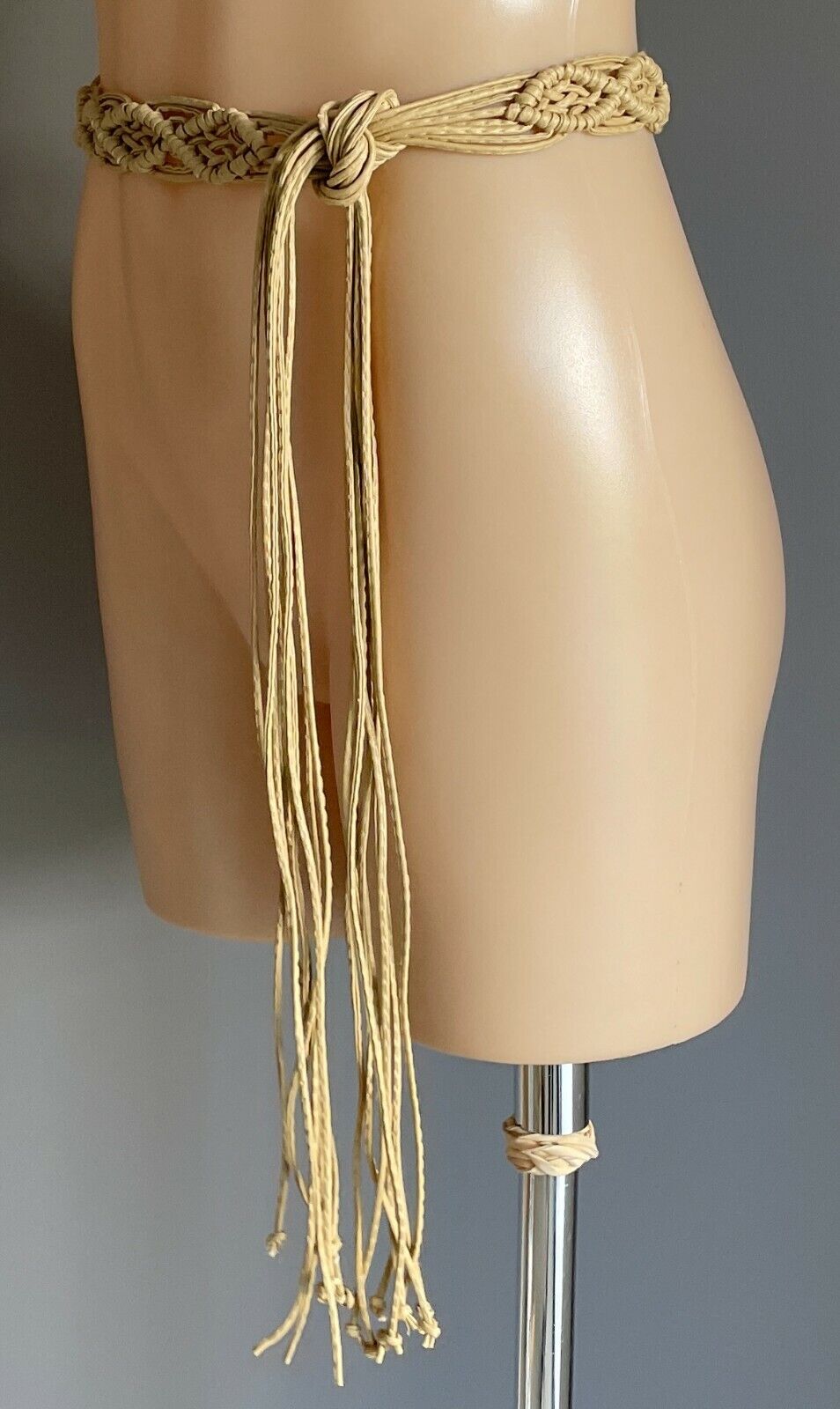 BOHO Woven Belt Wood Bead Pleather Beige Knot Tie Size 8 14 Plaited Macrame