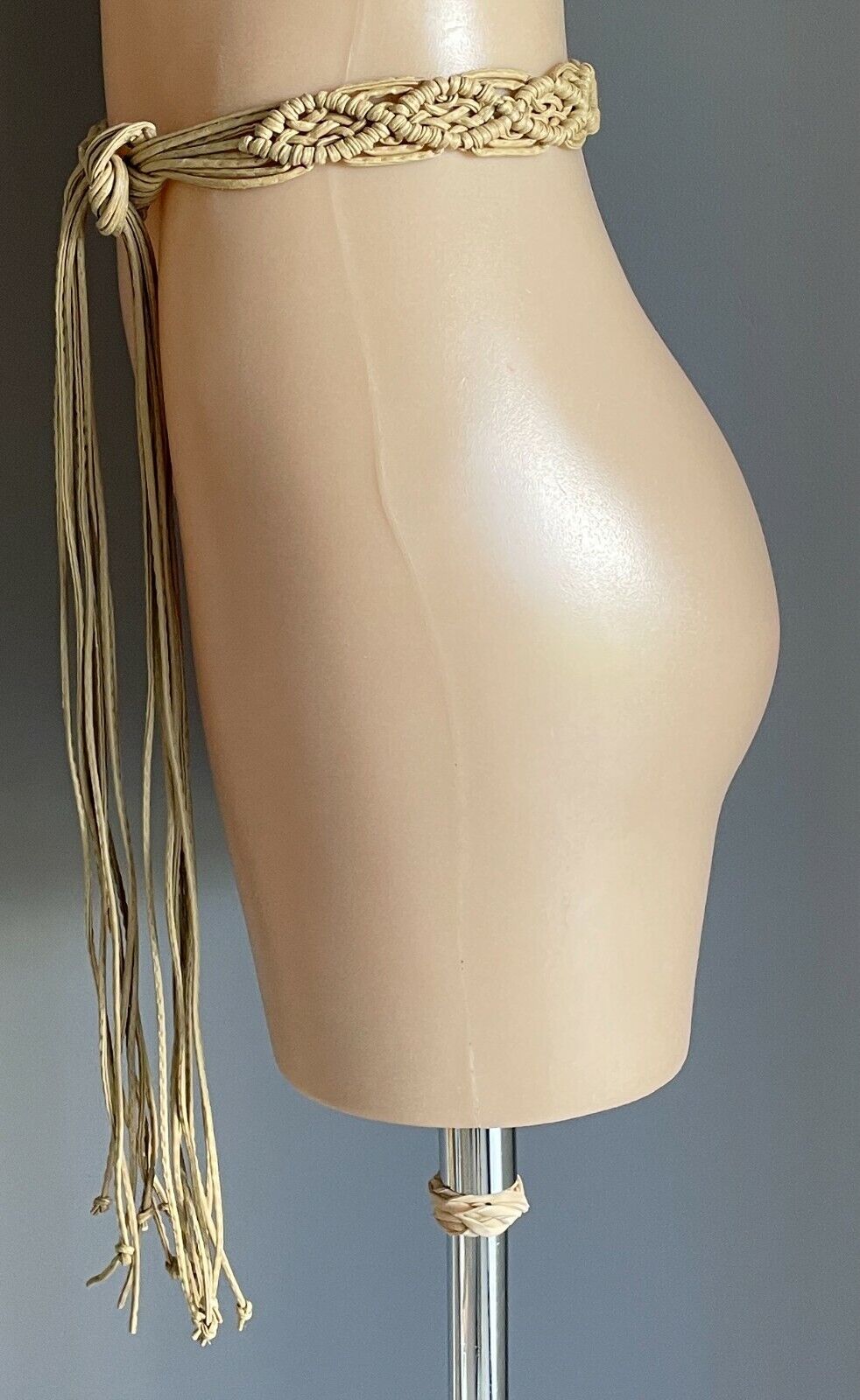 BOHO Woven Belt Wood Bead Pleather Beige Knot Tie Size 8 14 Plaited Macrame