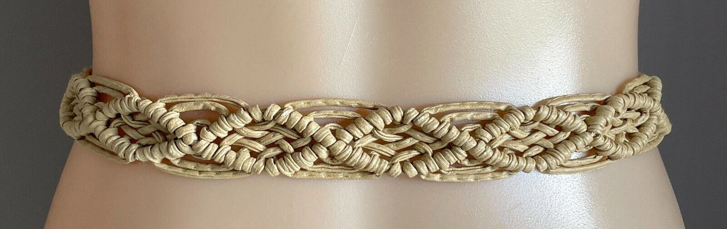 BOHO Woven Belt Wood Bead Pleather Beige Knot Tie Size 8 14 Plaited Macrame