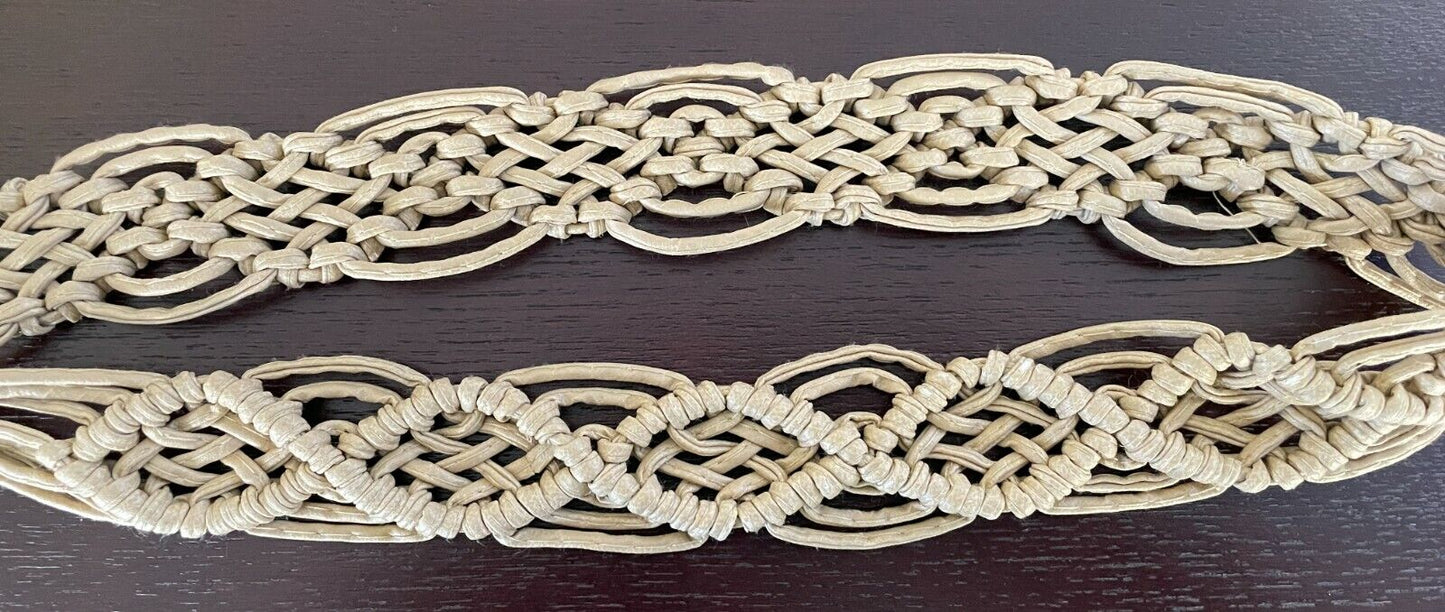 BOHO Woven Belt Wood Bead Pleather Beige Knot Tie Size 8 14 Plaited Macrame