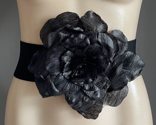 Ladies Belt Elastic 7.5cm Black Wide Beaded Flower at Buckle Size 10 - 12