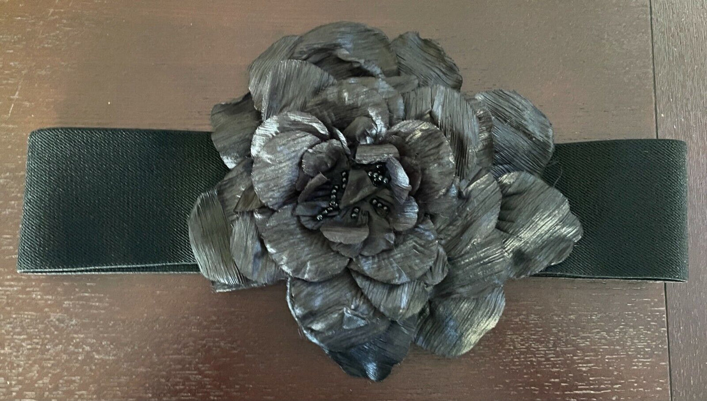 Ladies Belt Elastic 7.5cm Black Wide Beaded Flower at Buckle Size 10 - 12