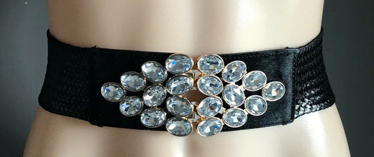 Ladies Belt Elastic Black Rattan Lg CRYSTAL Stone Gold Clasp Buckle Sz 10 12 NEW