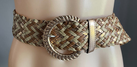 Ladies Belt Pleather Woven Gold Beige Brown Large Buckle Size M 12 NEW