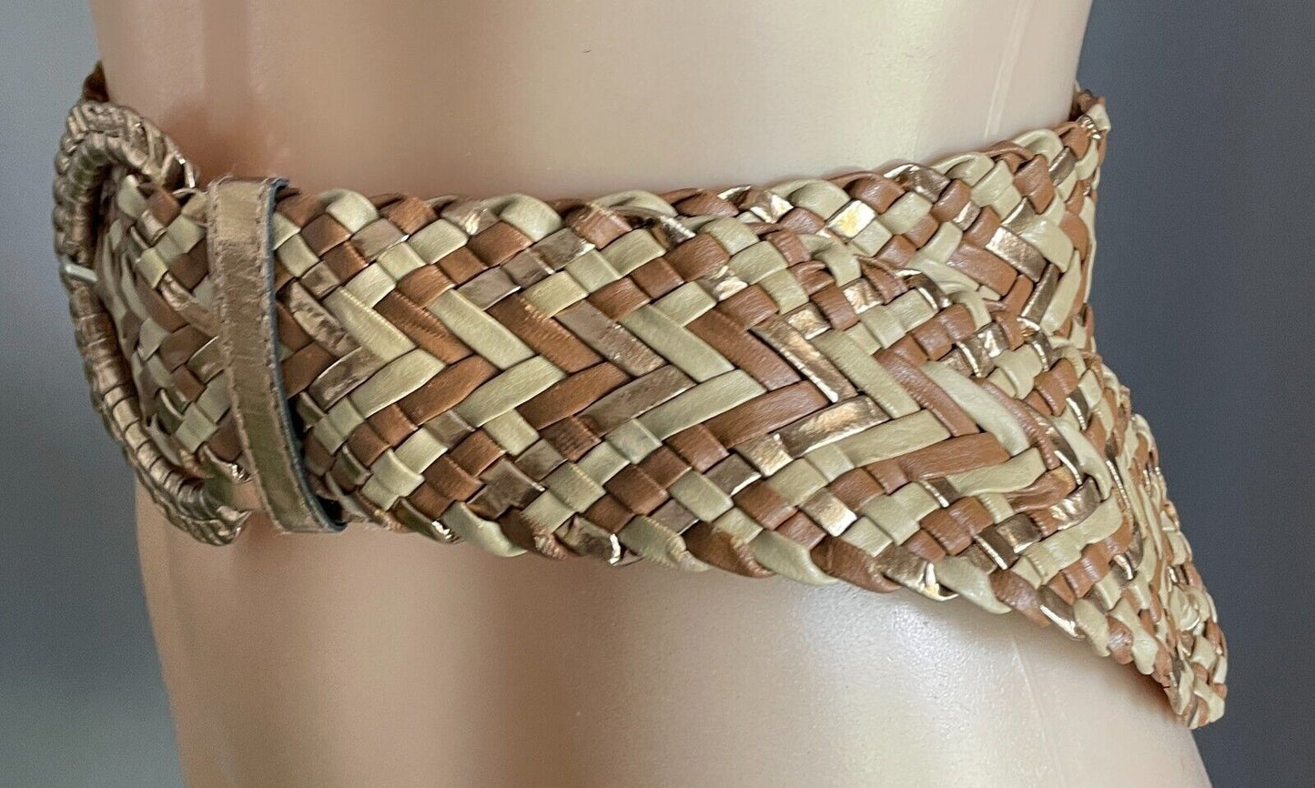 Ladies Belt Pleather Woven Gold Beige Brown Large Buckle Size M 12 NEW