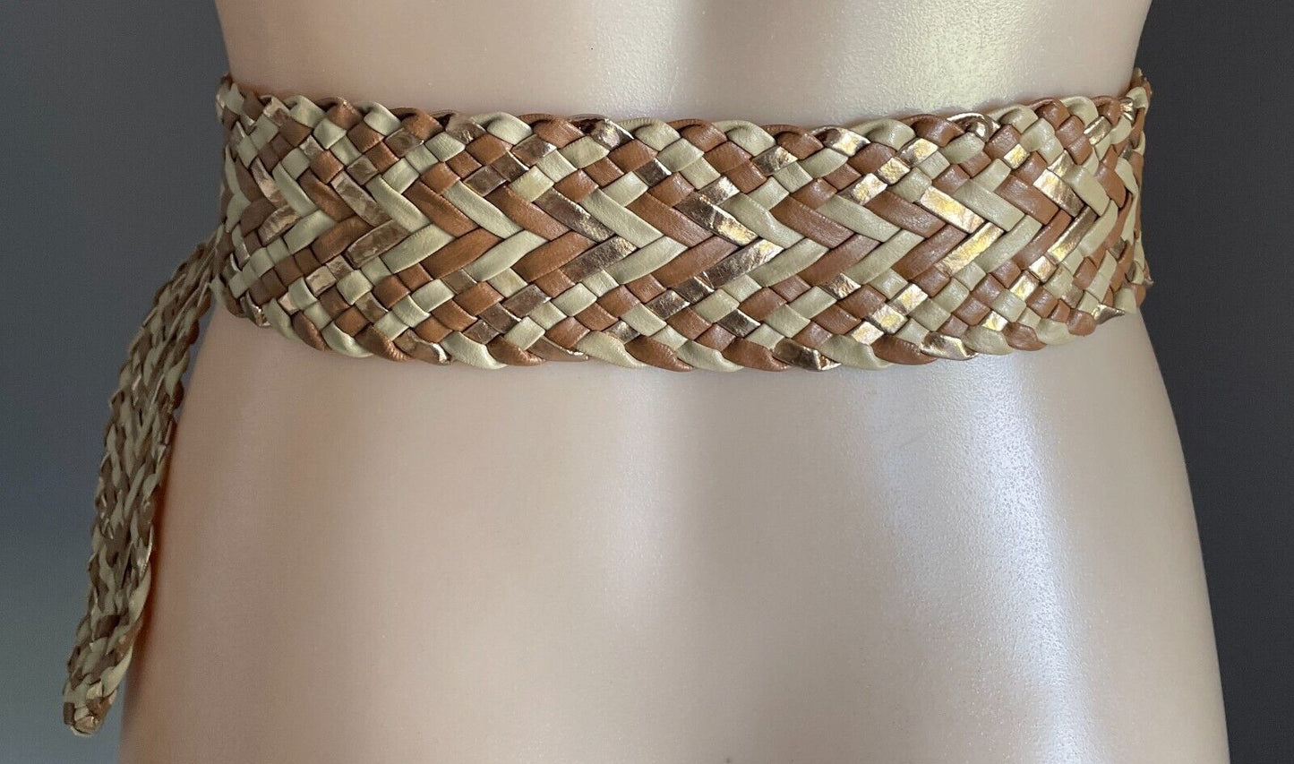 Ladies Belt Pleather Woven Gold Beige Brown Large Buckle Size M 12 NEW