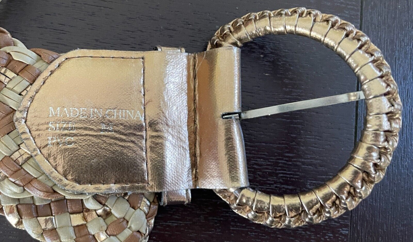 Ladies Belt Pleather Woven Gold Beige Brown Large Buckle Size M 12 NEW
