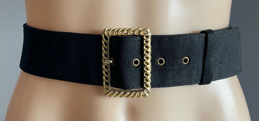 Ladies Belt Fabric 1970's Black w Gold Tone Decorative Buckle Waist 79 89 cm