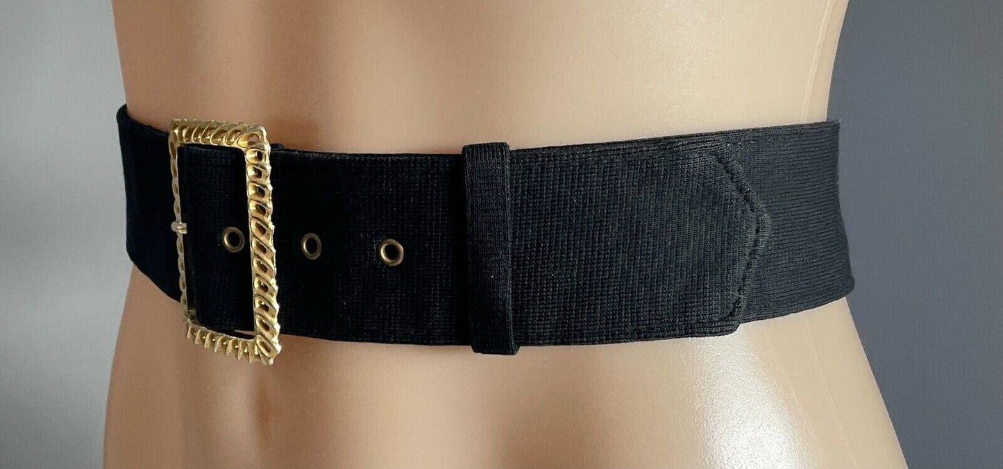 Ladies Belt Fabric 1970's Black w Gold Tone Decorative Buckle Waist 79 89 cm