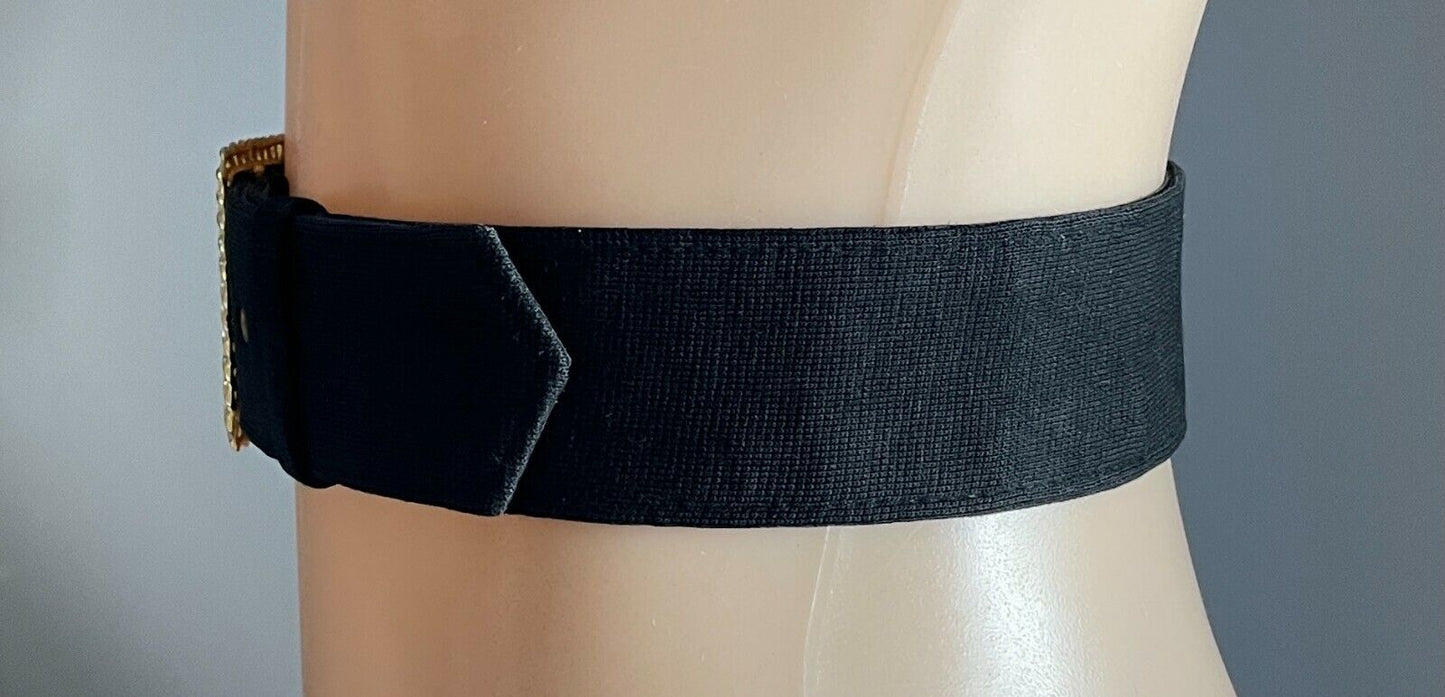 Ladies Belt Fabric 1970's Black w Gold Tone Decorative Buckle Waist 79 89 cm