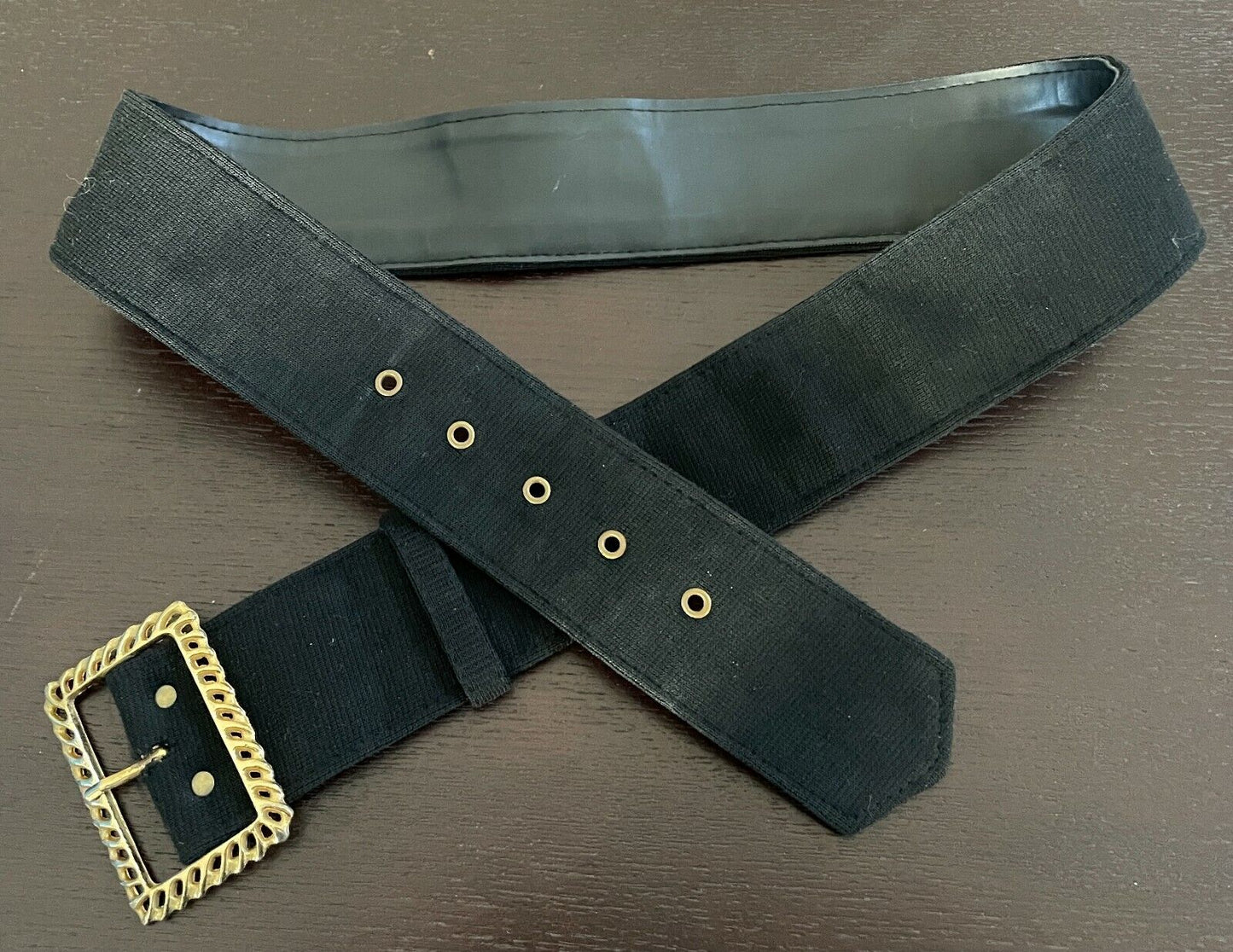 Ladies Belt Fabric 1970's Black w Gold Tone Decorative Buckle Waist 79 89 cm