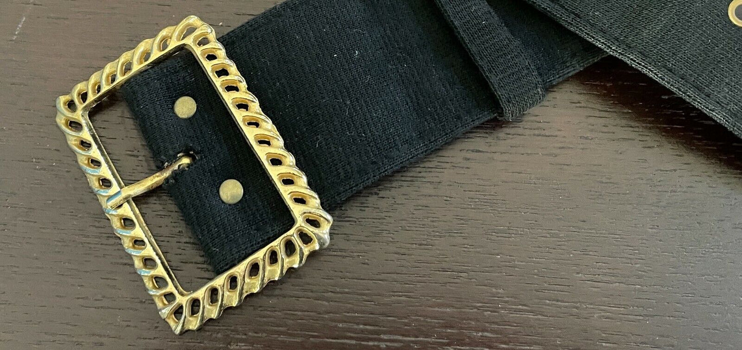 Ladies Belt Fabric 1970's Black w Gold Tone Decorative Buckle Waist 79 89 cm