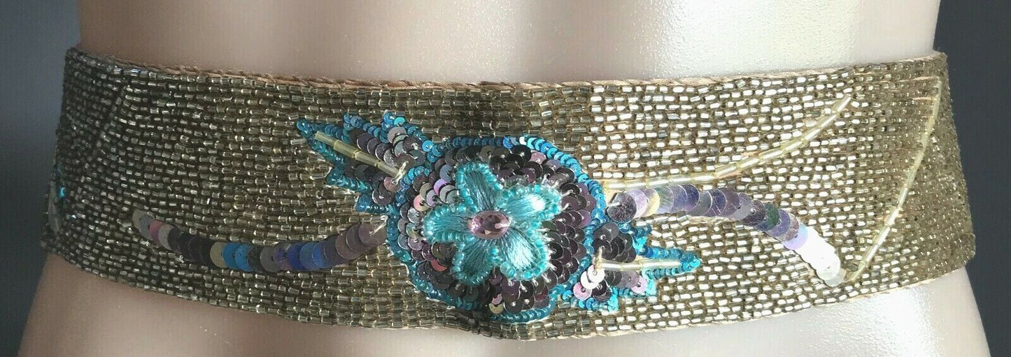 ECCLISSE by BUCKLE Ladies Belt  Tie Gold Silk Bead Sequin Embellished Ribbon NEW