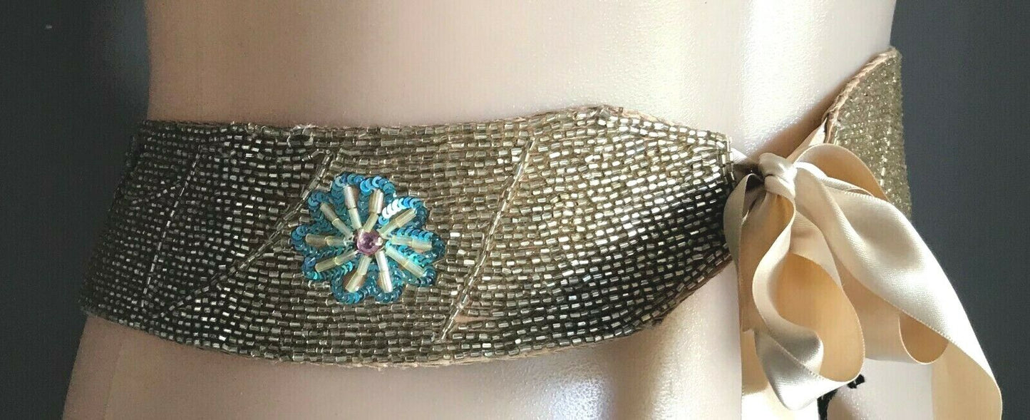 ECCLISSE by BUCKLE Ladies Belt  Tie Gold Silk Bead Sequin Embellished Ribbon NEW
