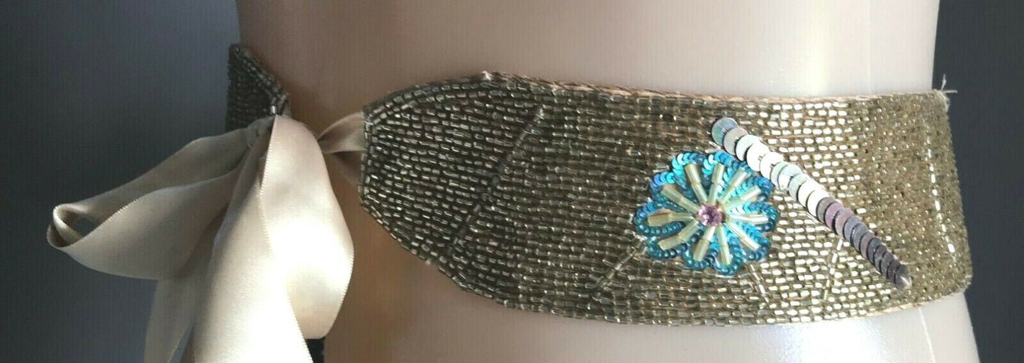 ECCLISSE by BUCKLE Ladies Belt  Tie Gold Silk Bead Sequin Embellished Ribbon NEW