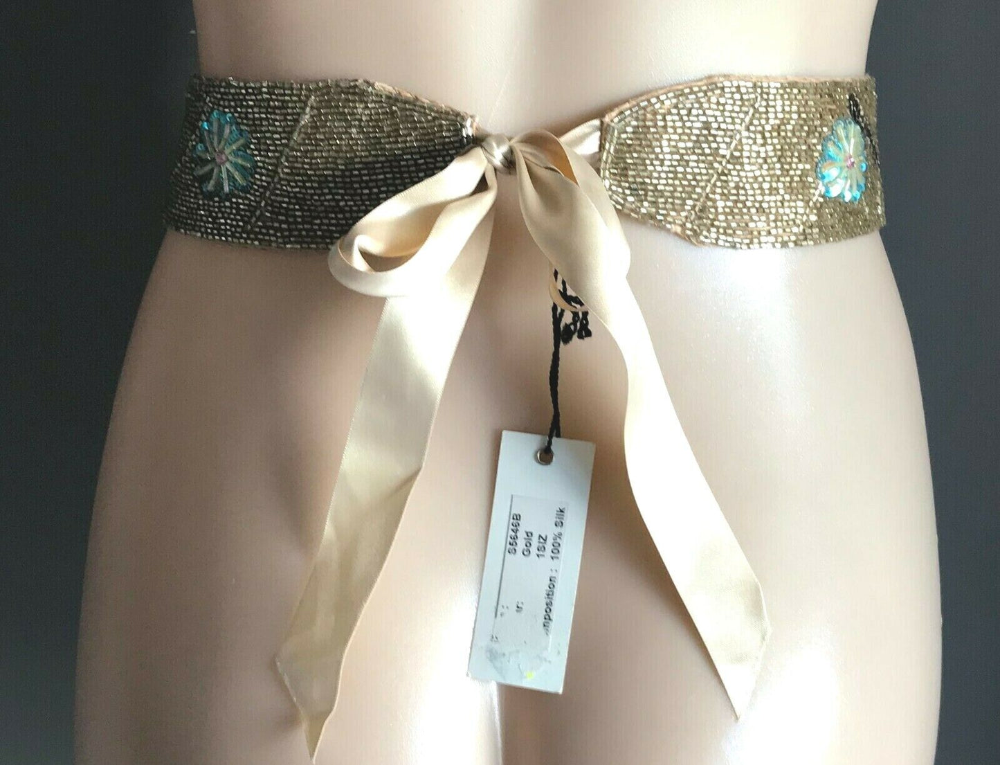 ECCLISSE by BUCKLE Ladies Belt  Tie Gold Silk Bead Sequin Embellished Ribbon NEW