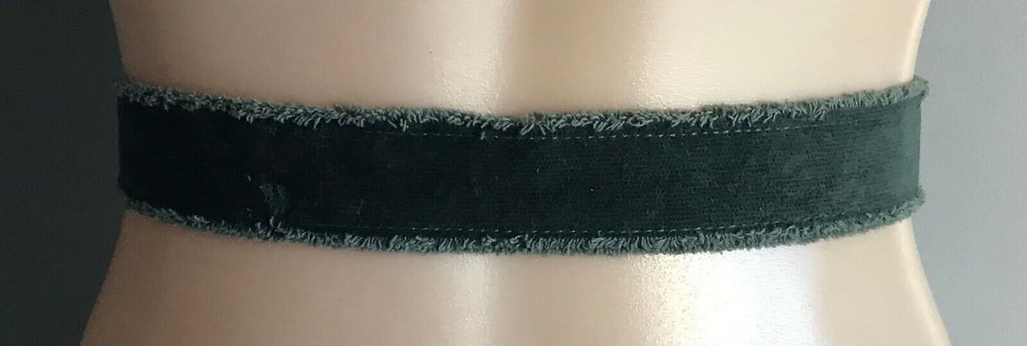 Ladies Belt Fabric 3.5cm Green Velvet Raw Edge w Floral & Pearl Trim 101cm Long