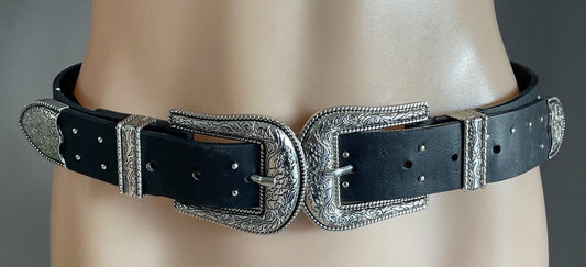 ZARA Belt Black Pleather Cowboy Western Double Etched Silver Buckle Stud Size 85