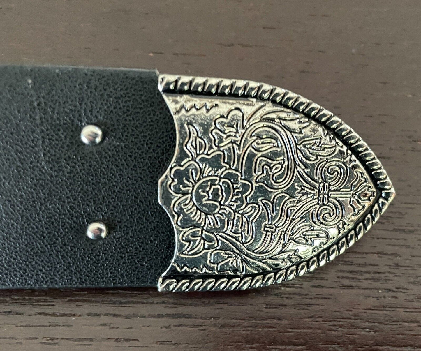 ZARA Belt Black Pleather Cowboy Western Double Etched Silver Buckle Stud Size 85
