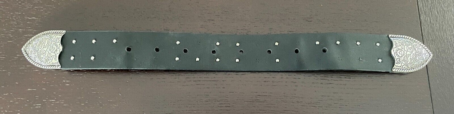 ZARA Belt Black Pleather Cowboy Western Double Etched Silver Buckle Stud Size 85