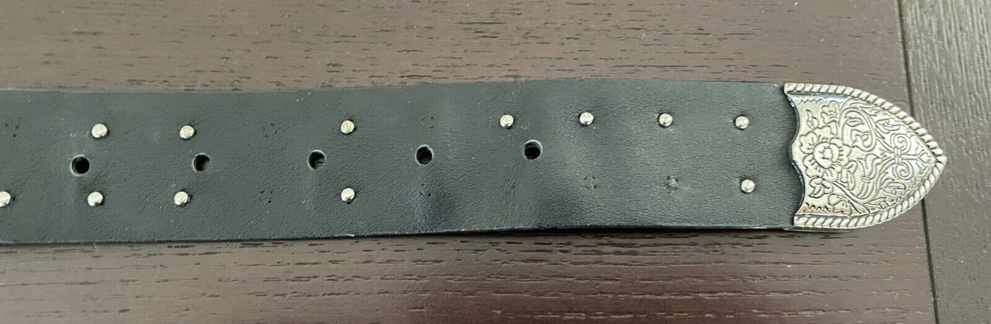 ZARA Belt Black Pleather Cowboy Western Double Etched Silver Buckle Stud Size 85