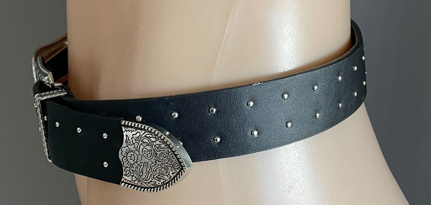 ZARA Belt Black Pleather Cowboy Western Double Etched Silver Buckle Stud Size 85