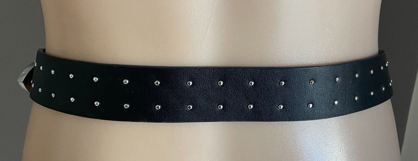 ZARA Belt Black Pleather Cowboy Western Double Etched Silver Buckle Stud Size 85