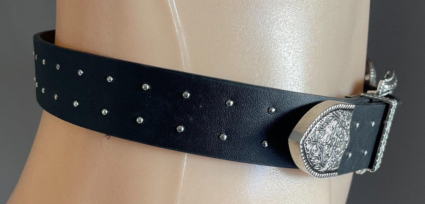 ZARA Belt Black Pleather Cowboy Western Double Etched Silver Buckle Stud Size 85