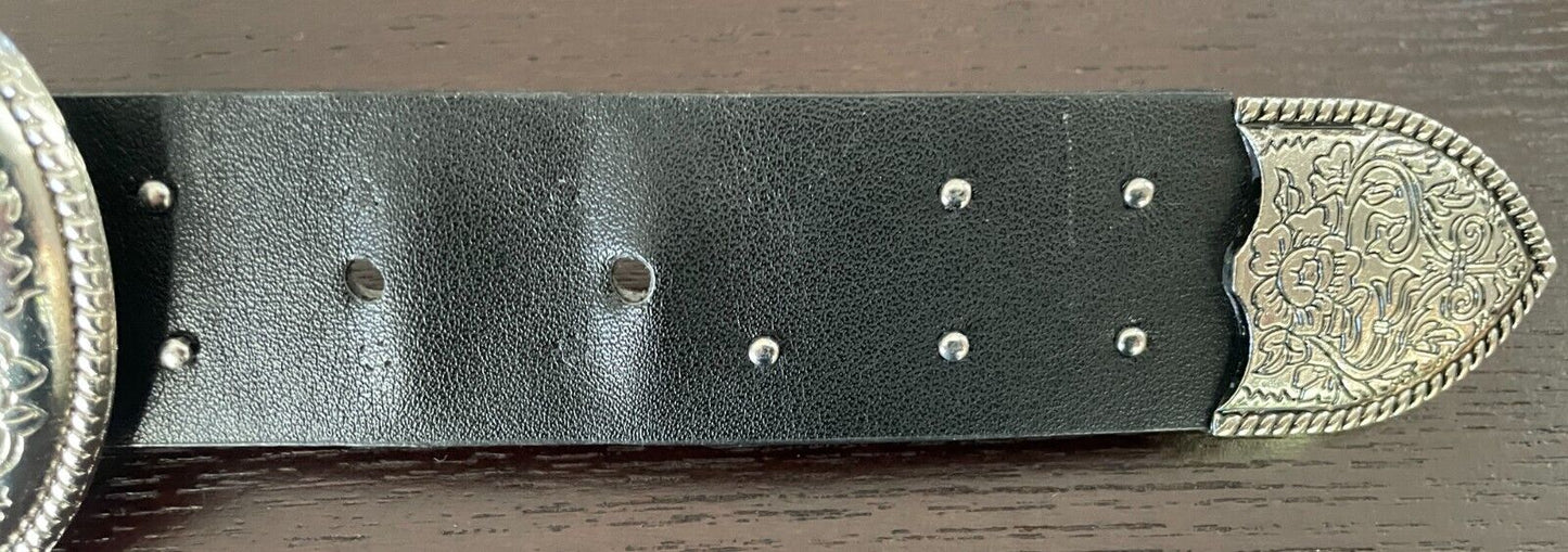 ZARA Belt Black Pleather Cowboy Western Double Etched Silver Buckle Stud Size 85