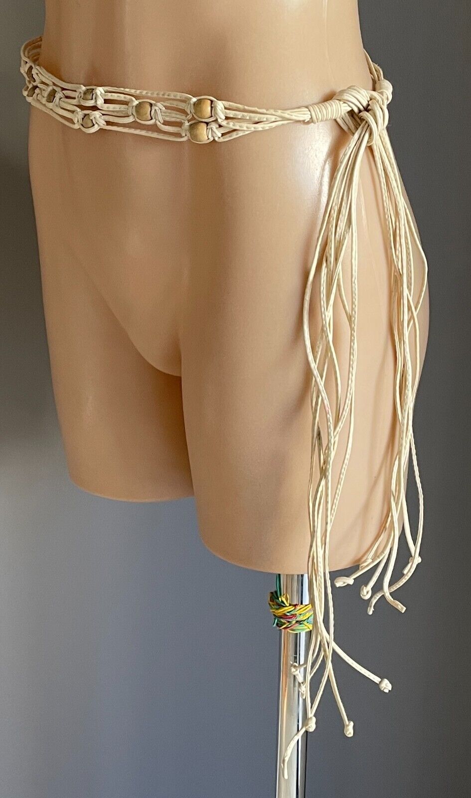 Ladies Belt Pleather Woven BOHO Off White  Knot Tie Bead Trim Fit Size 8 - 14