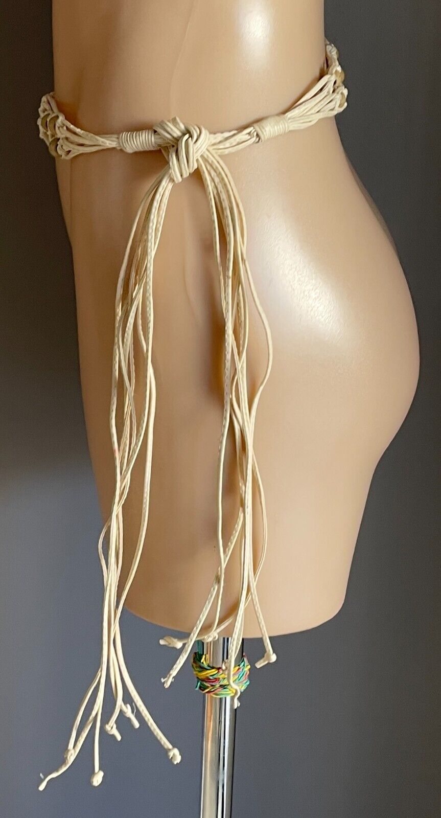 Ladies Belt Pleather Woven BOHO Off White  Knot Tie Bead Trim Fit Size 8 - 14