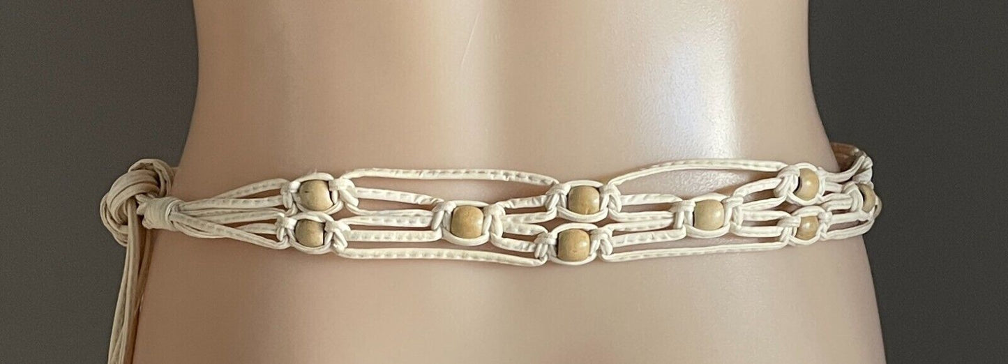 Ladies Belt Pleather Woven BOHO Off White  Knot Tie Bead Trim Fit Size 8 - 14
